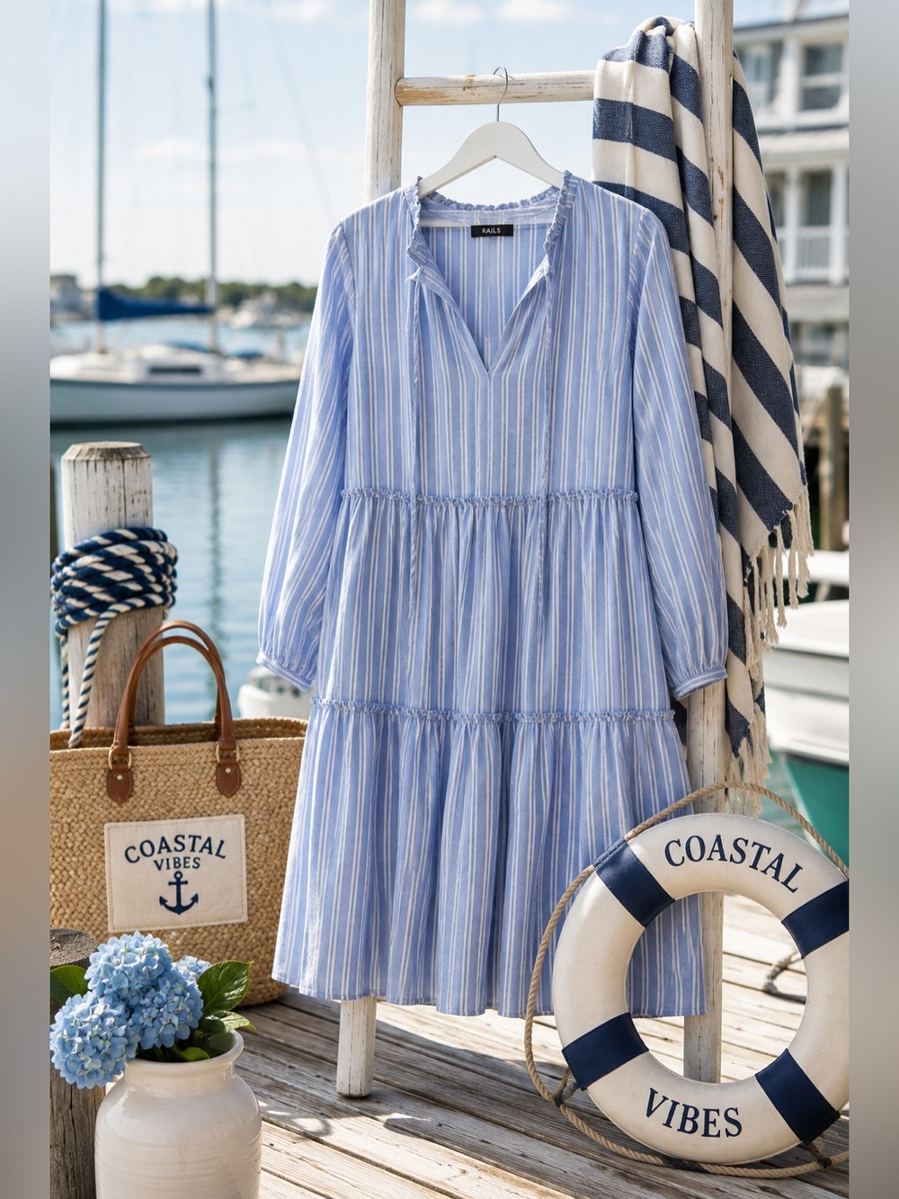 Rails Ludlow Blue White Stripe Linen Blend Tiered Dress Medium
